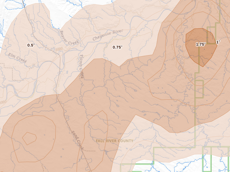 Radar-estimated hail-size map of the storm over Oral, SD on Jun 27, 2026