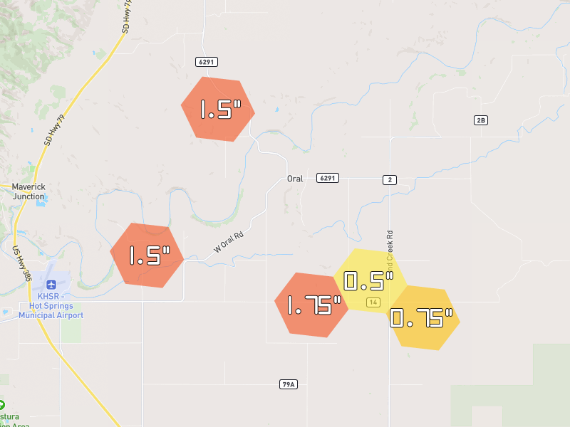Hail map of Oral, SD on Jun 27, 2026, hail up to 1.75"