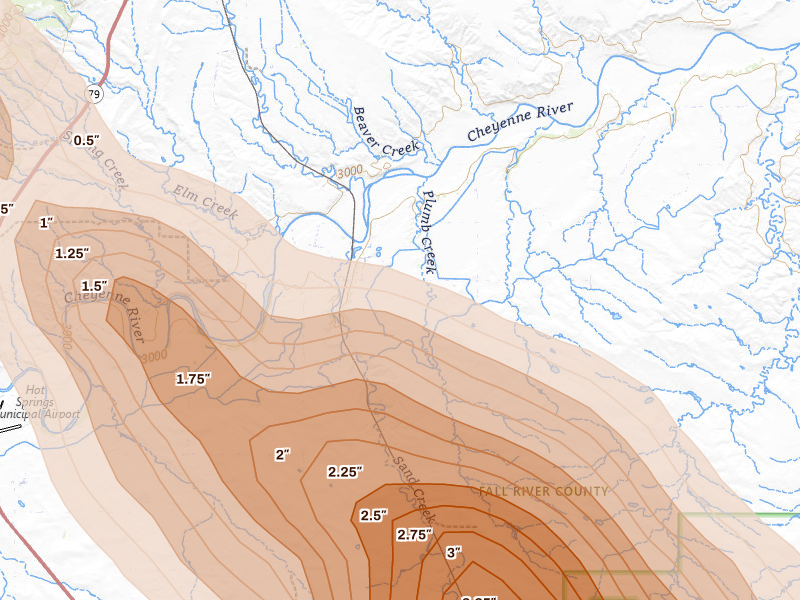 Radar-estimated hail-size map of the storm over Oral, SD on Aug 21, 2026