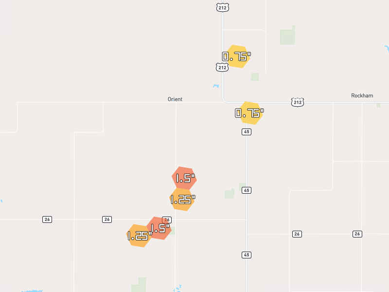Hail map of Orient, SD on Jun 1, 2026, hail up to 1.5"