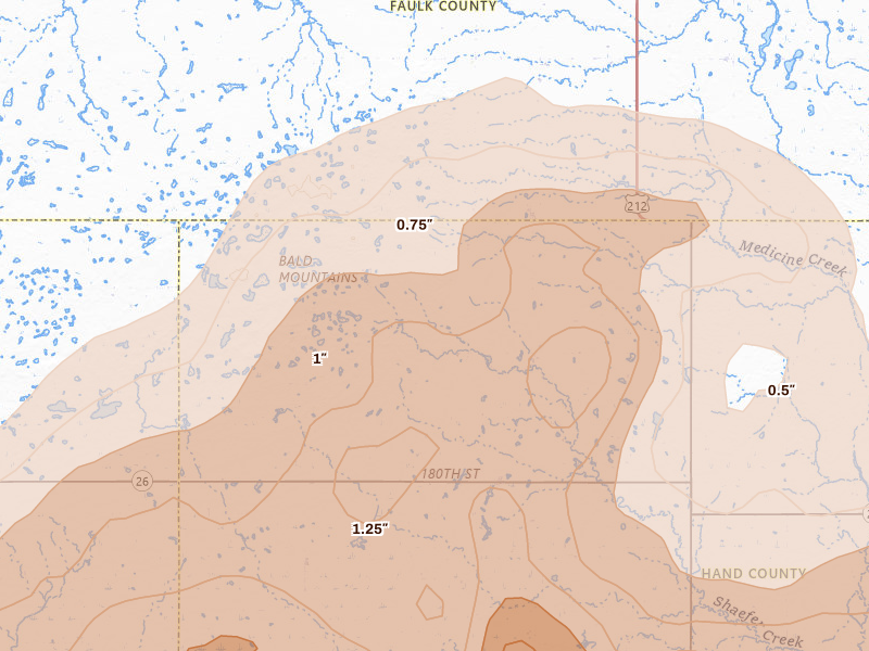 Radar-estimated hail-size map of the storm over Orient, SD on Jun 28, 2026