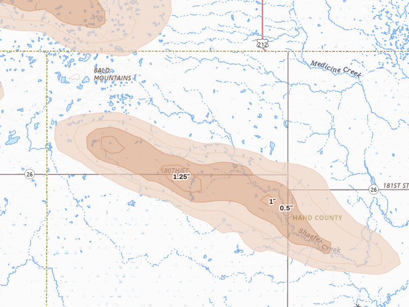 Radar-estimated hail-size map of the storm over Orient, SD on Aug 29, 2026