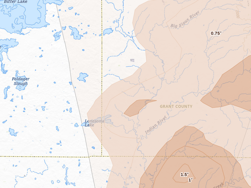 Radar-estimated hail-size map of the storm over Ortley, SD on Jul 6, 2026