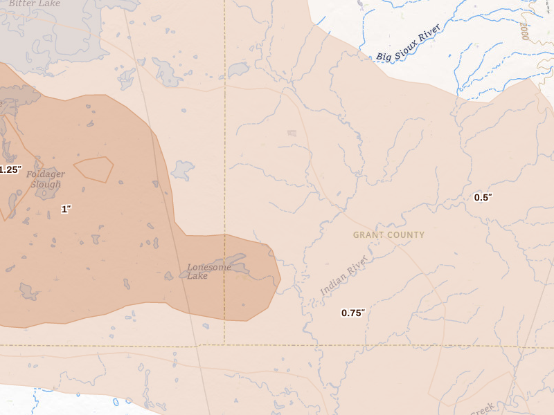 Radar-estimated hail-size map of the storm over Ortley, SD on Jul 7, 2026
