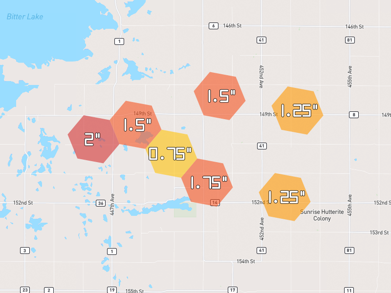 Hail map of Ortley, SD on Jul 8, 2026, hail up to 2"
