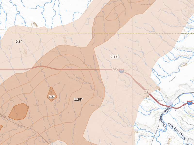 Radar-estimated hail-size map of the storm over Owanka, SD on Jun 26, 2026