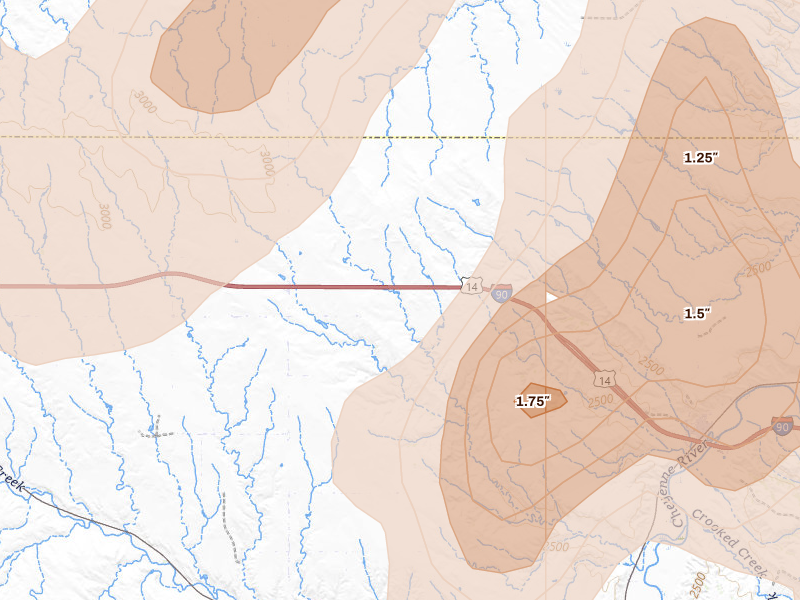 Radar-estimated hail-size map of the storm over Owanka, SD on Jul 2, 2026