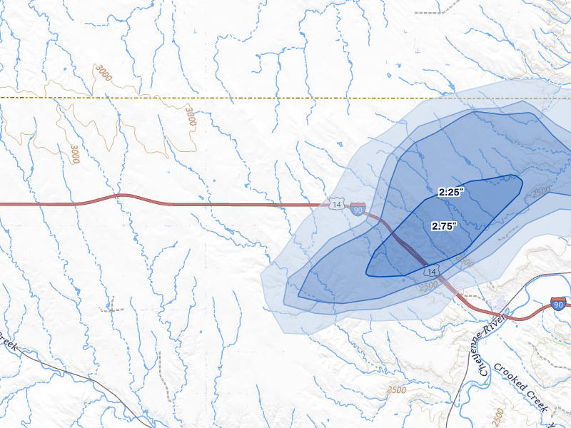 NEXRAD radar-signature map of the hail storm over Owanka, SD on Jul 2, 2026