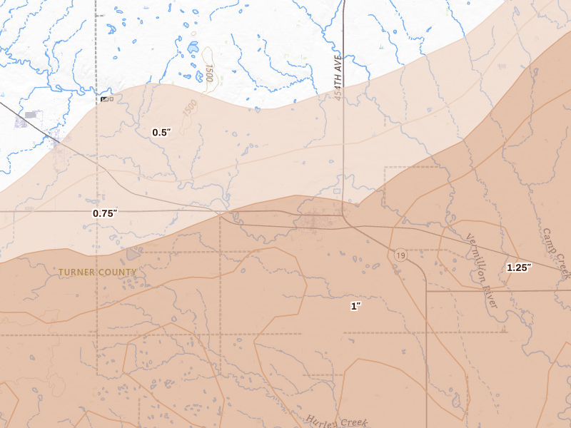 Radar-estimated hail-size map of the storm over Parker, SD on May 17, 2026