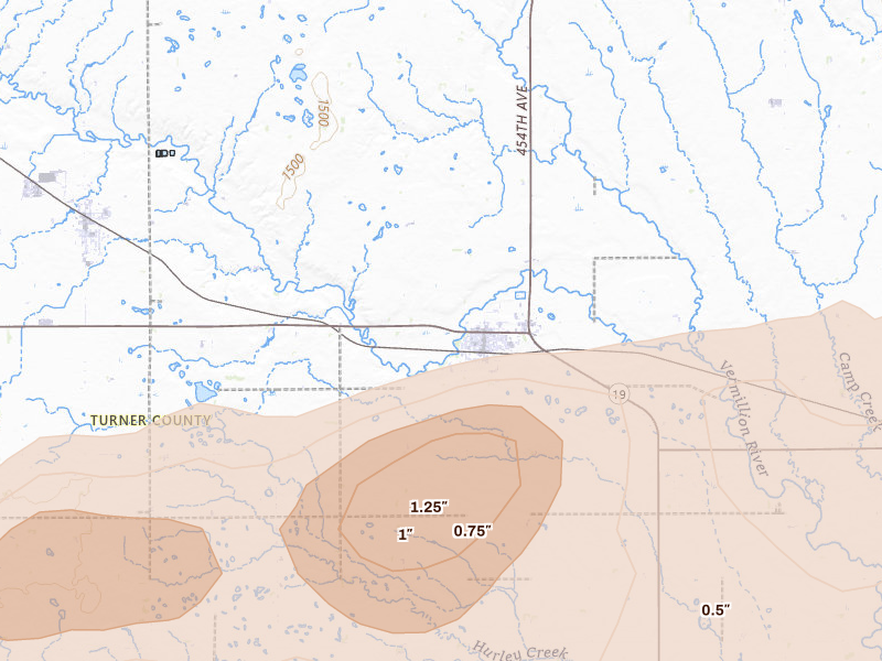 Radar-estimated hail-size map of the storm over Parker, SD on May 24, 2026