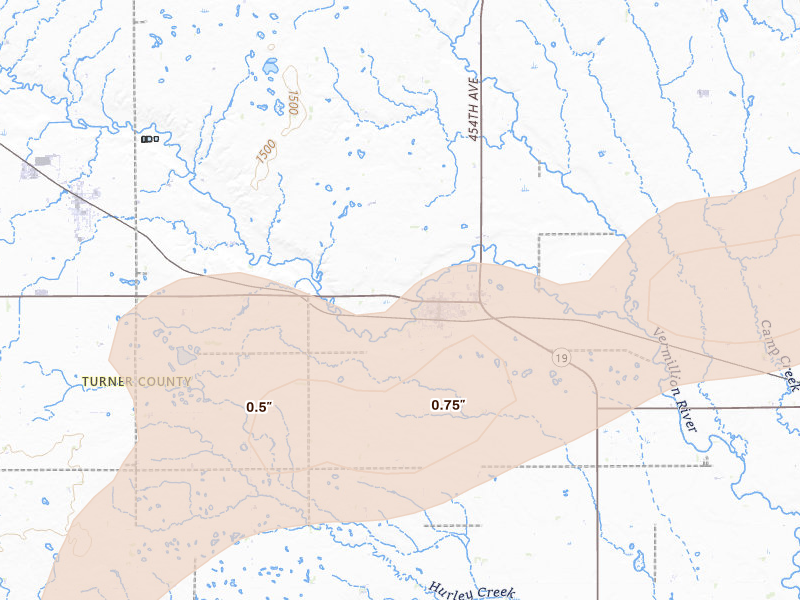 Radar-estimated hail-size map of the storm over Parker, SD on May 31, 2026