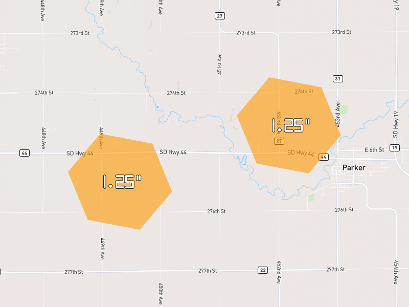 Hail map of Parker, SD on Jun 1, 2026, hail up to 1.25"