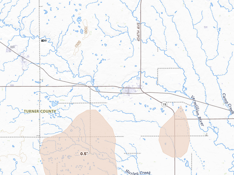 Radar-estimated hail-size map of the storm over Parker, SD on Jun 30, 2026