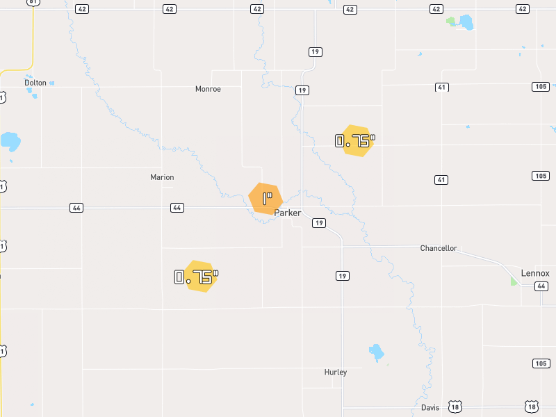 Hail map of Parker, SD on Jul 1, 2026, hail up to 1"