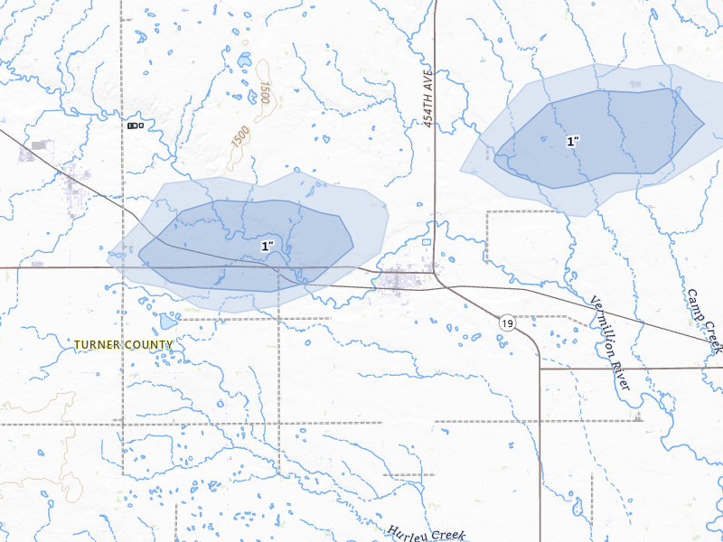 NEXRAD radar-signature map of the hail over Parker, SD