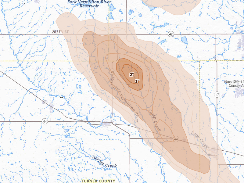 Radar-estimated hail-size map of the storm over Parker, SD on Aug 20, 2026