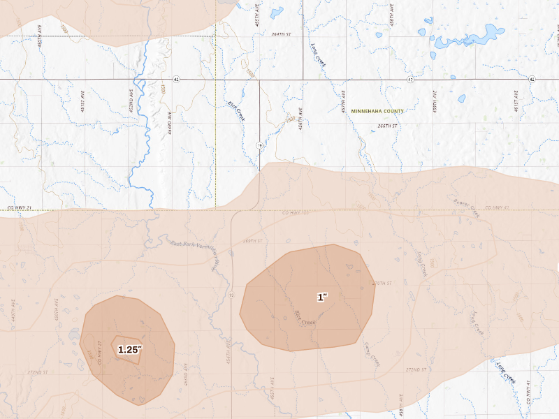 Radar-estimated hail-size map of the storm over Parker, SD