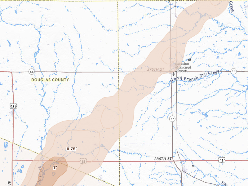 Radar-estimated hail-size map of the storm over Parkston, SD on Jun 9, 2026