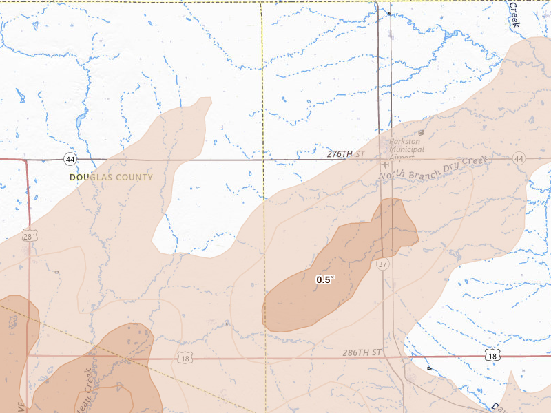 Radar-estimated hail-size map of the storm over Parkston, SD on Jun 27, 2026
