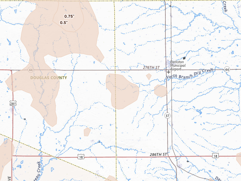 Radar-estimated hail-size map of the storm over Parkston, SD on Jun 30, 2026
