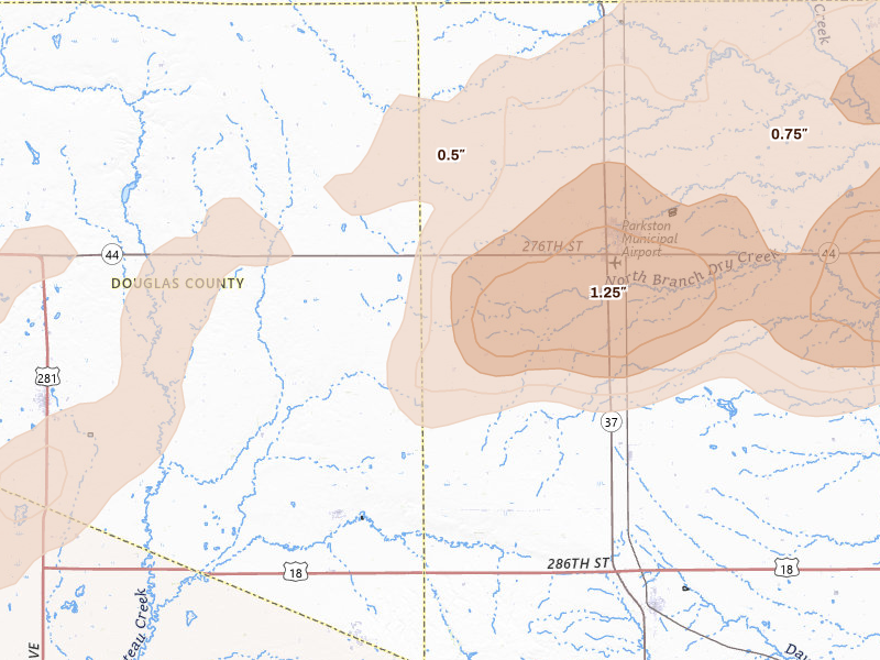 Radar-estimated hail-size map of the storm over Parkston, SD on Jul 2, 2026