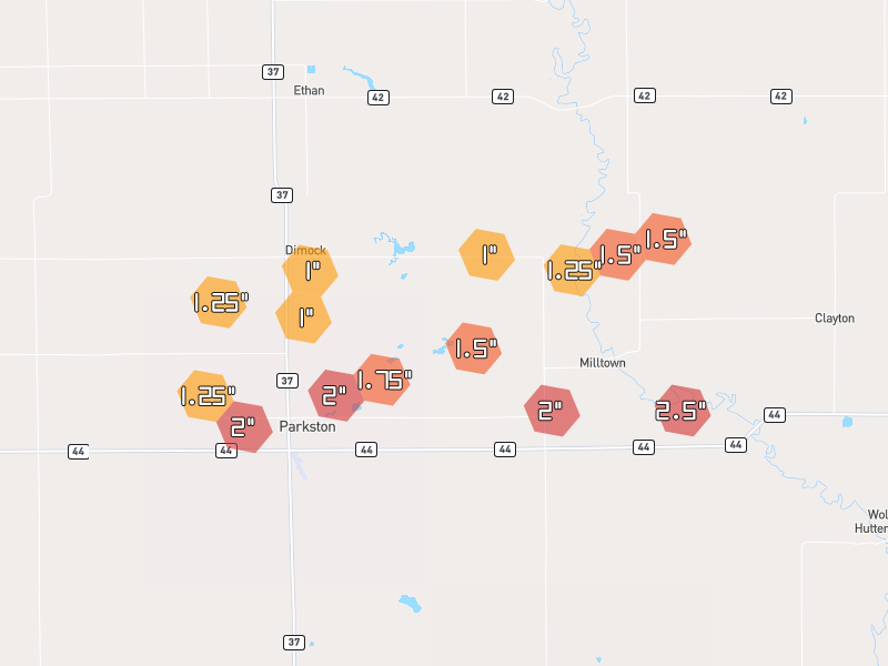 Hail map of Parkston, SD on Jul 2, 2026, hail up to 2.5"