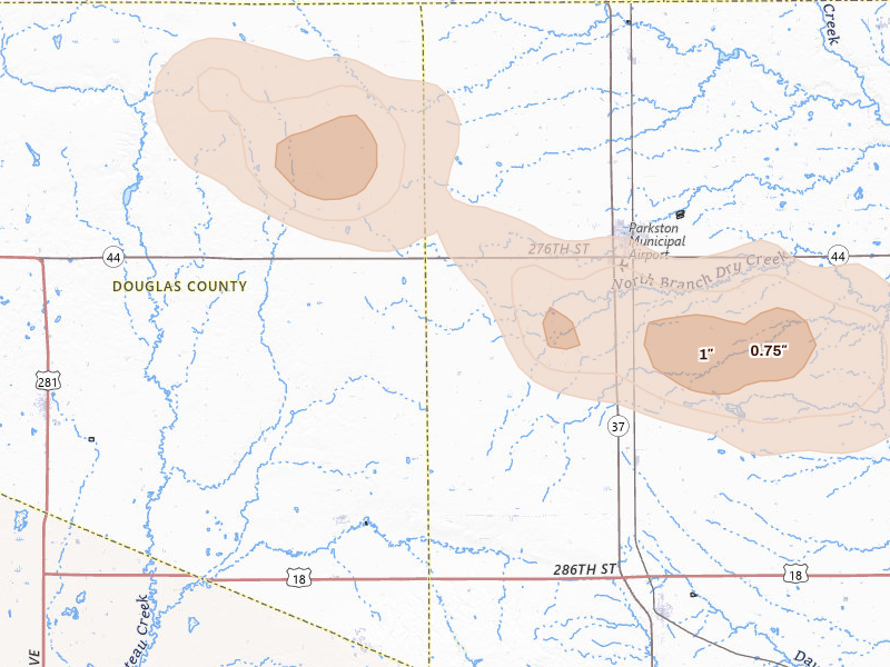 Radar-estimated hail-size map of the storm over Parkston, SD on Jul 25, 2026