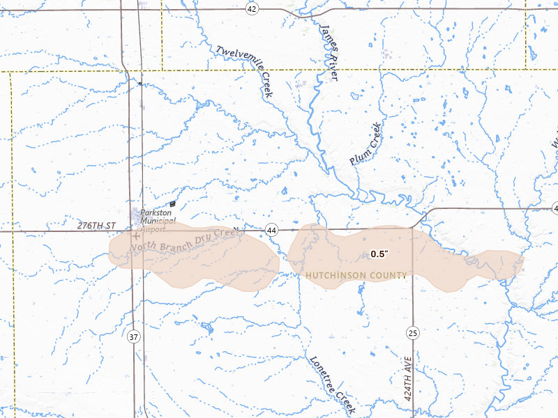 Radar-estimated hail-size map of the storm over Parkston, SD on Aug 3, 2026