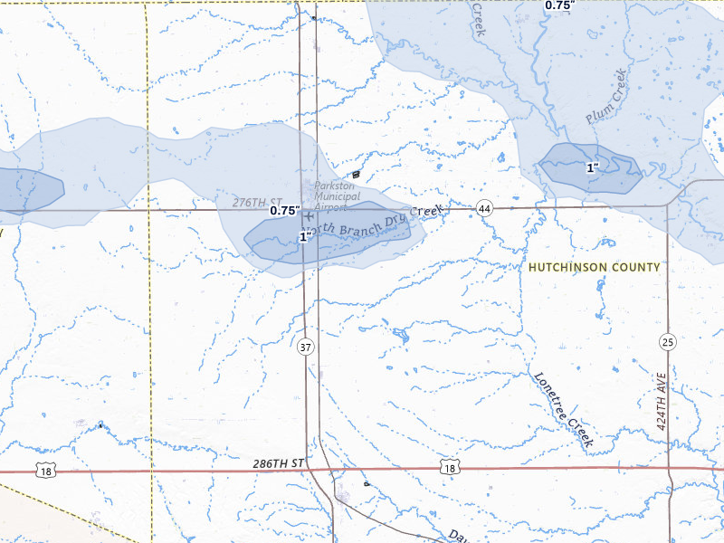 NEXRAD radar-signature map of the hail storm over Parkston, SD on Aug 3, 2026