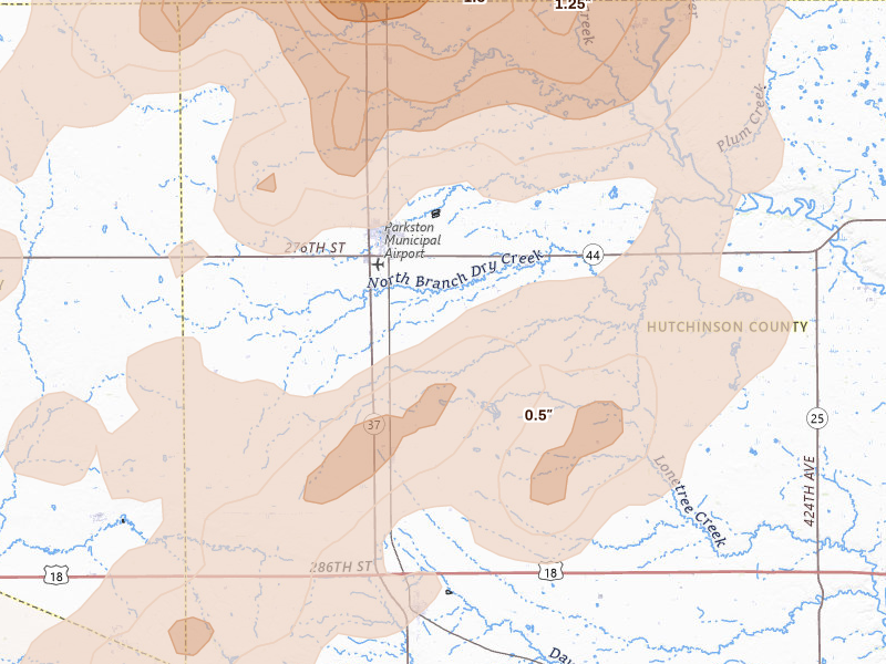 Radar-estimated hail-size map of the storm over Parkston, SD on Sep 4, 2026