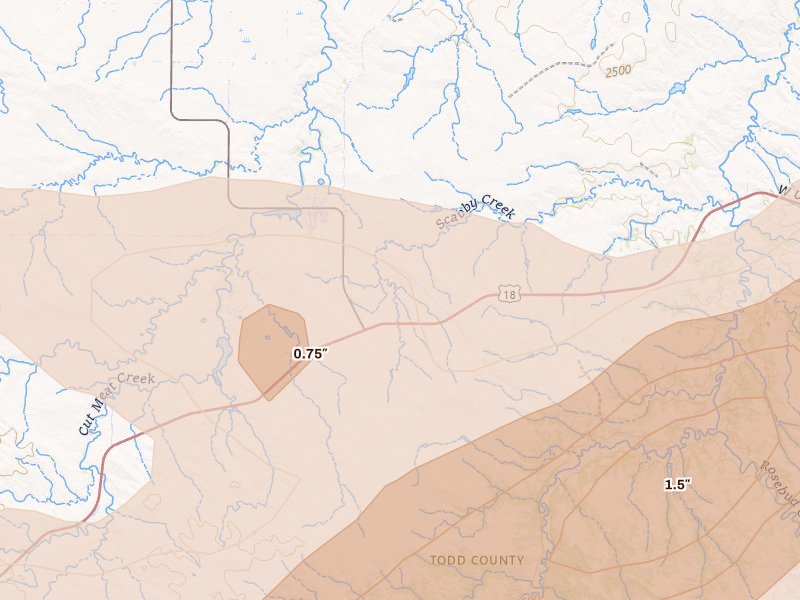 Radar-estimated hail-size map of the storm over Parmelee, SD on Jun 4, 2026