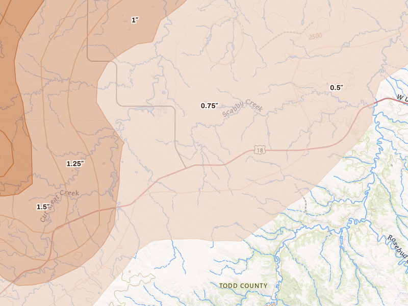 Radar-estimated hail-size map of the storm over Parmelee, SD on Jun 28, 2026