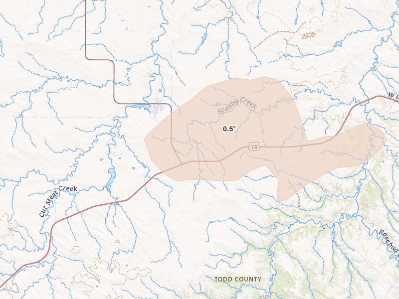 Radar-estimated hail-size map of the storm over Parmelee, SD on Jul 27, 2026