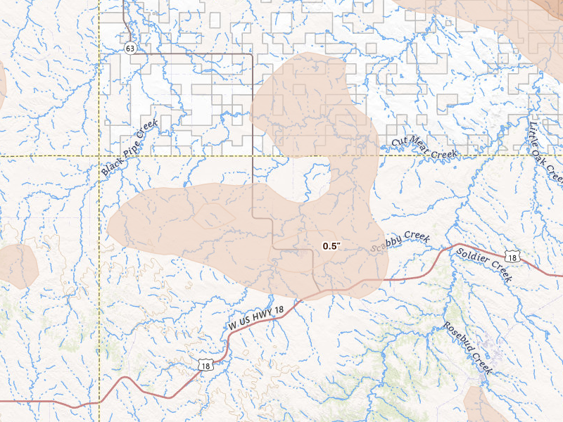 Radar-estimated hail-size map of the storm over Parmelee, SD on Aug 11, 2026