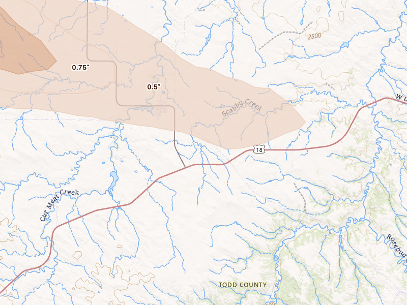Radar-estimated hail-size map of the storm over Parmelee, SD on Aug 23, 2026