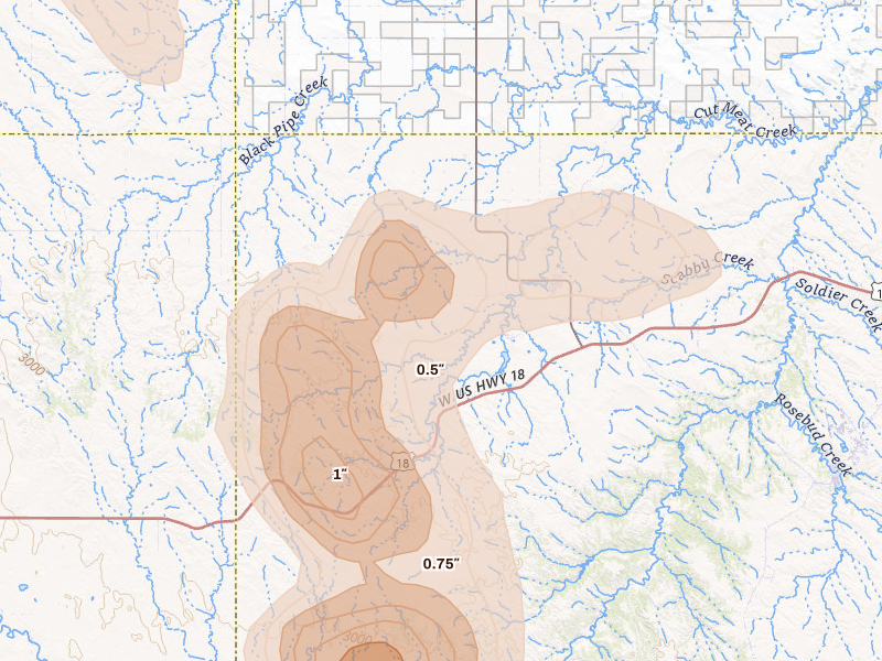 Radar-estimated hail-size map of the storm over Parmelee, SD on Aug 27, 2026