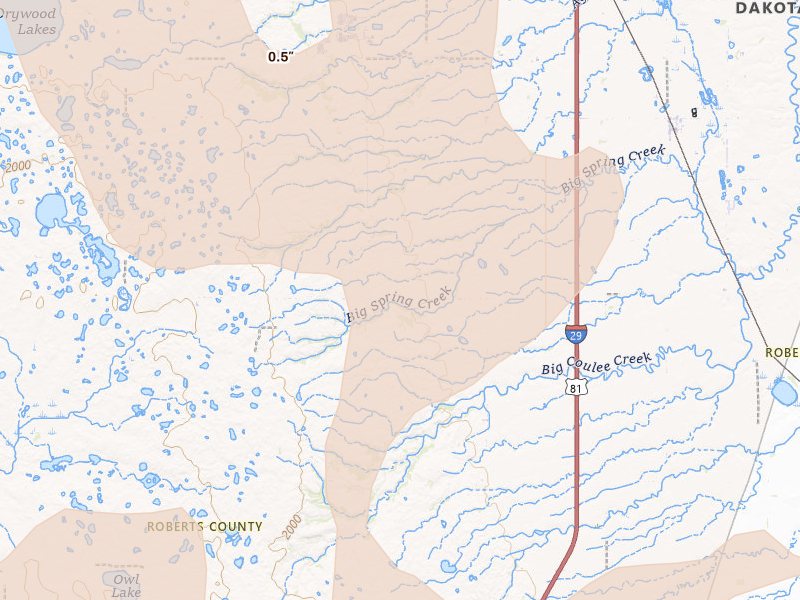 Radar-estimated hail-size map of the storm over Peever, SD on Jul 7, 2026