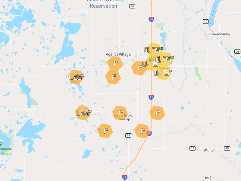 Hail map of Peever, SD on Jul 8, 2026, hail up to 1.25"