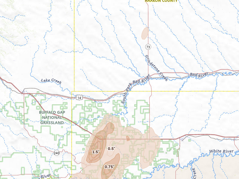 Radar-estimated hail-size map of the storm over Philip, SD on Jun 2, 2026