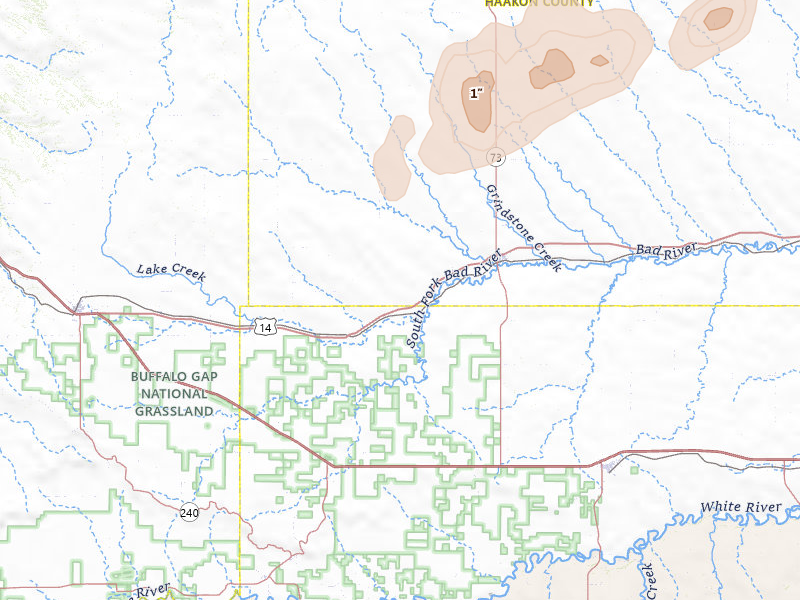 Radar-estimated hail-size map of the storm over Philip, SD on Jun 9, 2026