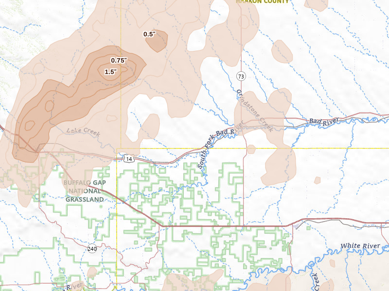Radar-estimated hail-size map of the storm over Philip, SD on Jun 27, 2026