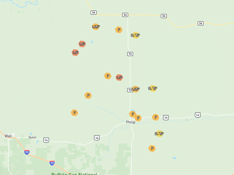 Hail map of Philip, SD on Jun 28, 2026, hail up to 1.25"