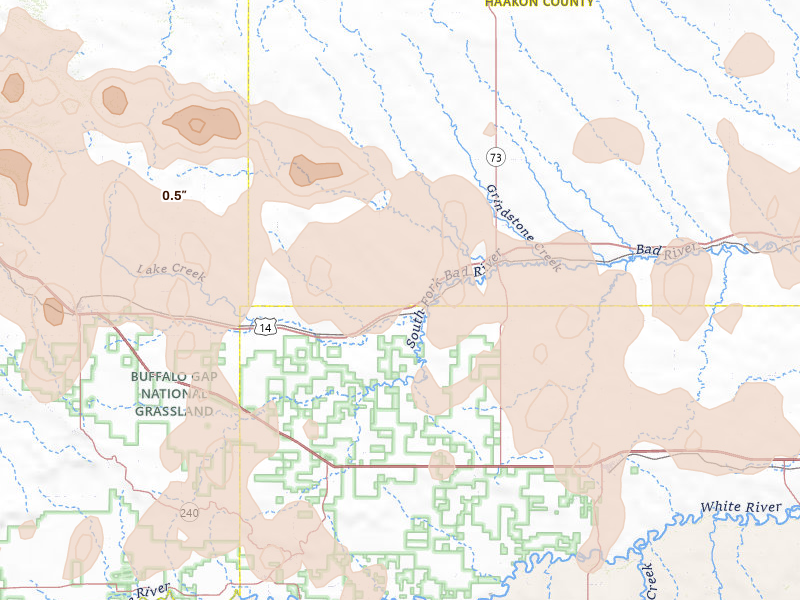 Radar-estimated hail-size map of the storm over Philip, SD on Jul 2, 2026