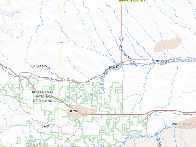 Radar-estimated hail-size map of the storm over Philip, SD on Jul 3, 2026