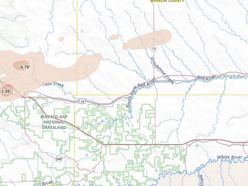 Radar-estimated hail-size map of the storm over Philip, SD on Jul 7, 2026