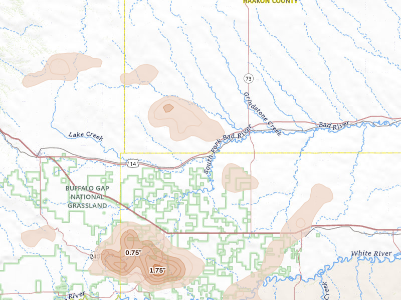 Radar-estimated hail-size map of the storm over Philip, SD on Jul 27, 2026