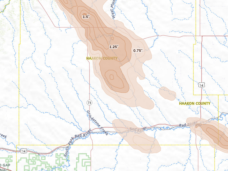 Radar-estimated hail-size map of the storm over Philip, SD on Aug 10, 2026
