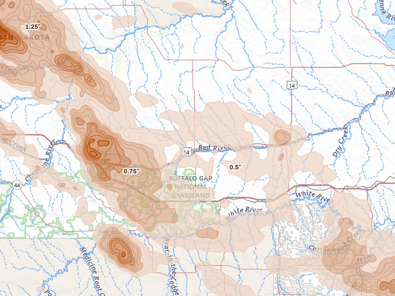 Radar-estimated hail-size map of the storm over Philip, SD on Aug 11, 2026