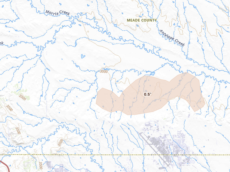 Radar-estimated hail-size map of the storm over Piedmont, SD on Jul 7, 2026