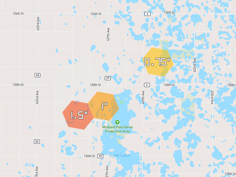 Hail map of Pierpont, SD on Jun 28, 2026, hail up to 1.5"